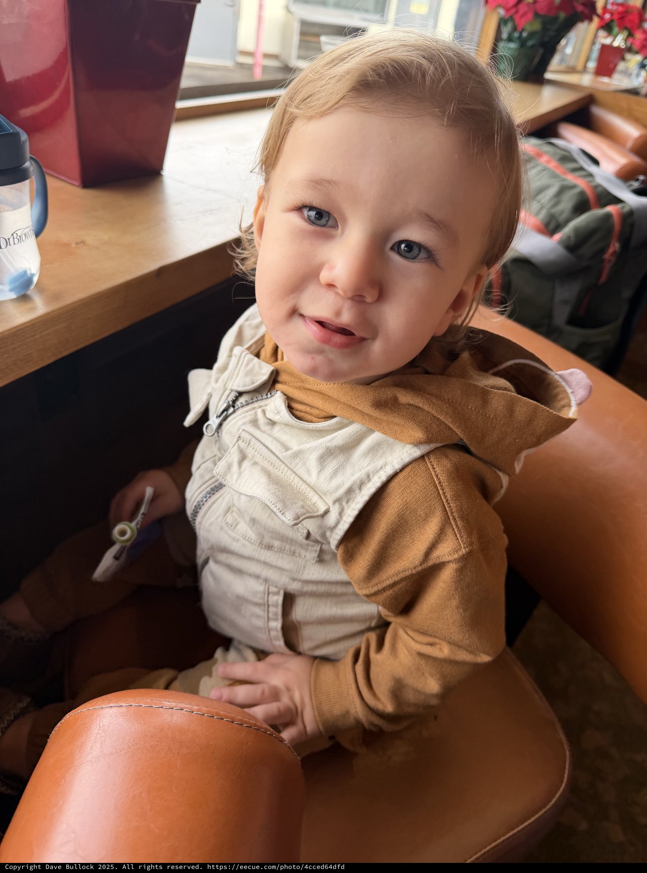 Cheerful Toddler in Beige Overalls at Home
