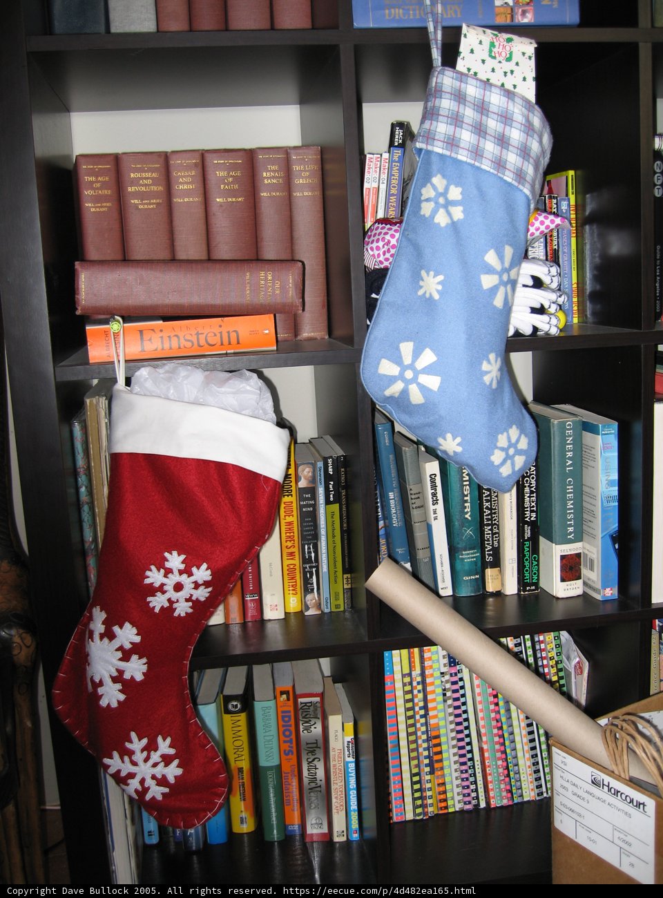 Holiday Stockings on the Bookshelf