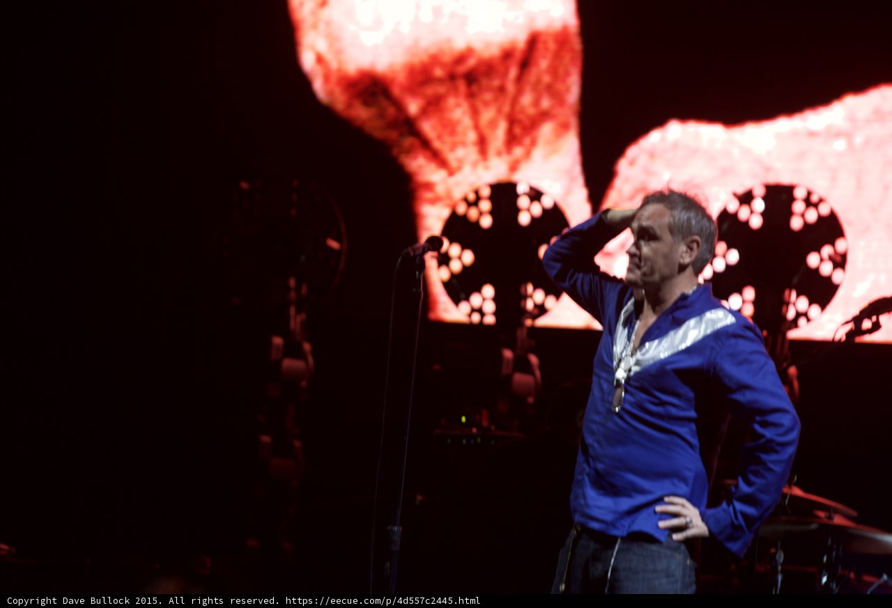 Morrissey Hand On Hair Profile Contemplative Blue Shirt Red Video Screen Lights