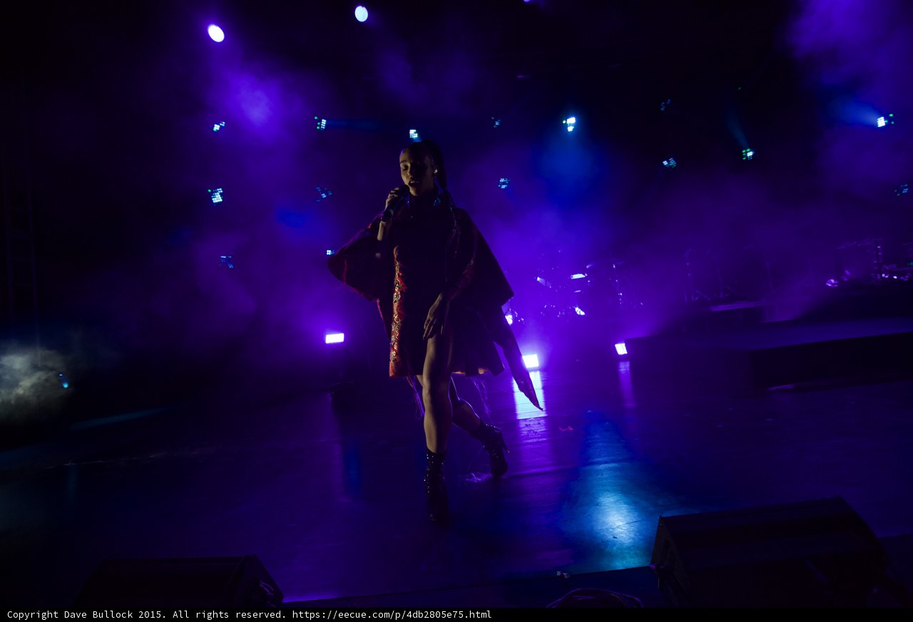FKA twigs Full Body Walking Kimono Flowing Legs Visible Black Embellished Boots Blue Purple Lighting LED Panels Moon Stage Monitors