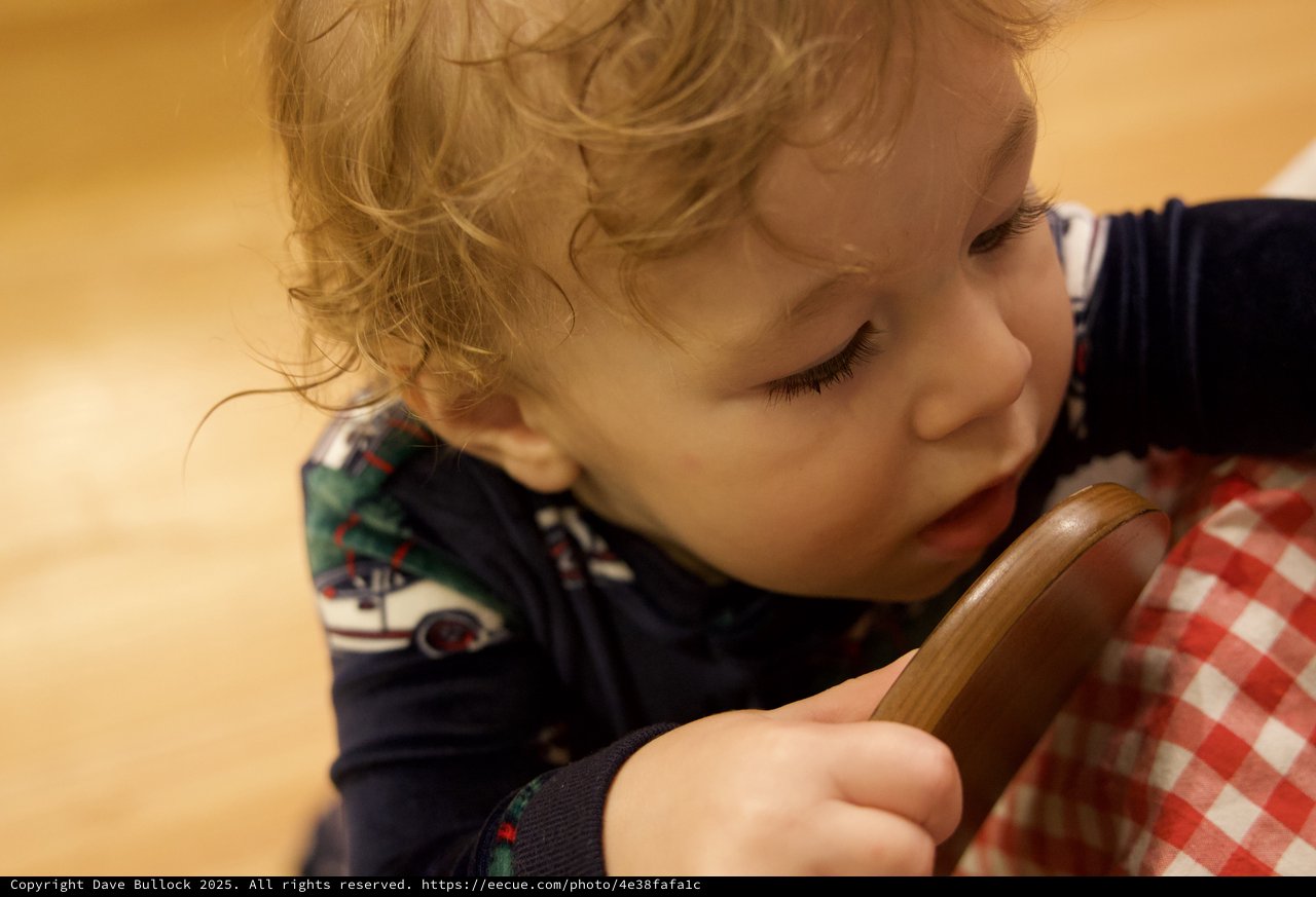 Toddler with Blonde Curls Focused on Wooden Spoon