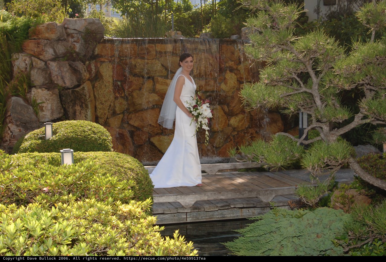 Bride Poses Before Stone Waterfall in Japanese Garden