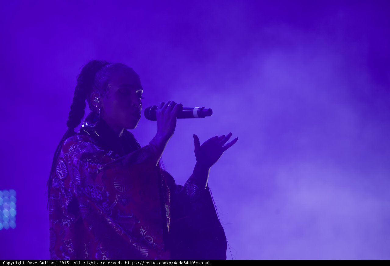 FKA twigs Profile Portrait Singing Expressive Hand Fingers Spread Braided Ponytails Hoop Earrings Kimono Gold Patterns Purple Haze