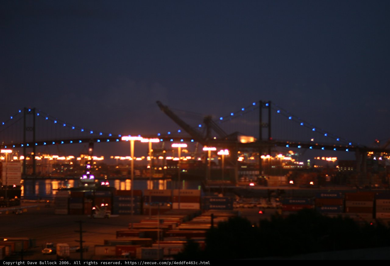 Illuminated Bridge over Urban Waterfront