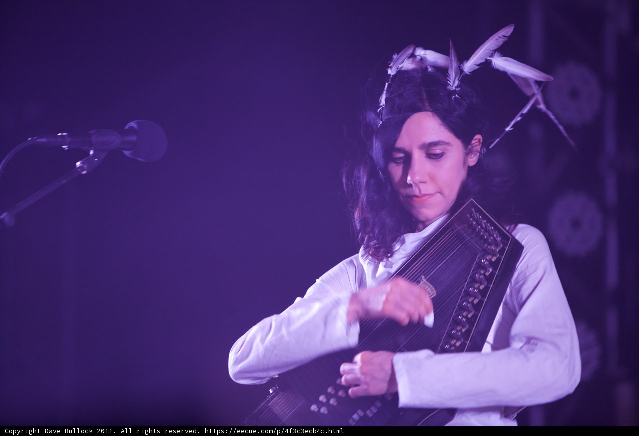 PJ Harvey's Solo Performance Caption: PJ Harvey playing the accordion and singing into a microphone during her solo performance at Coachella 2011 on Sunday.