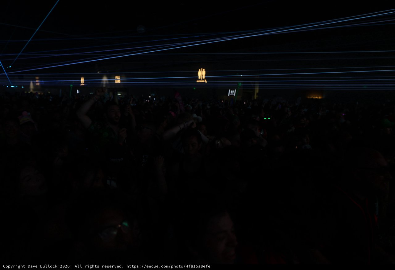 Electric Blue Laser Grid Over Dark Festival Crowd
