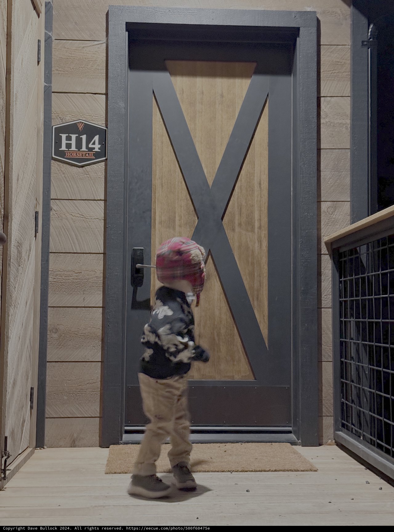 Child at Modern Front Door with X Design