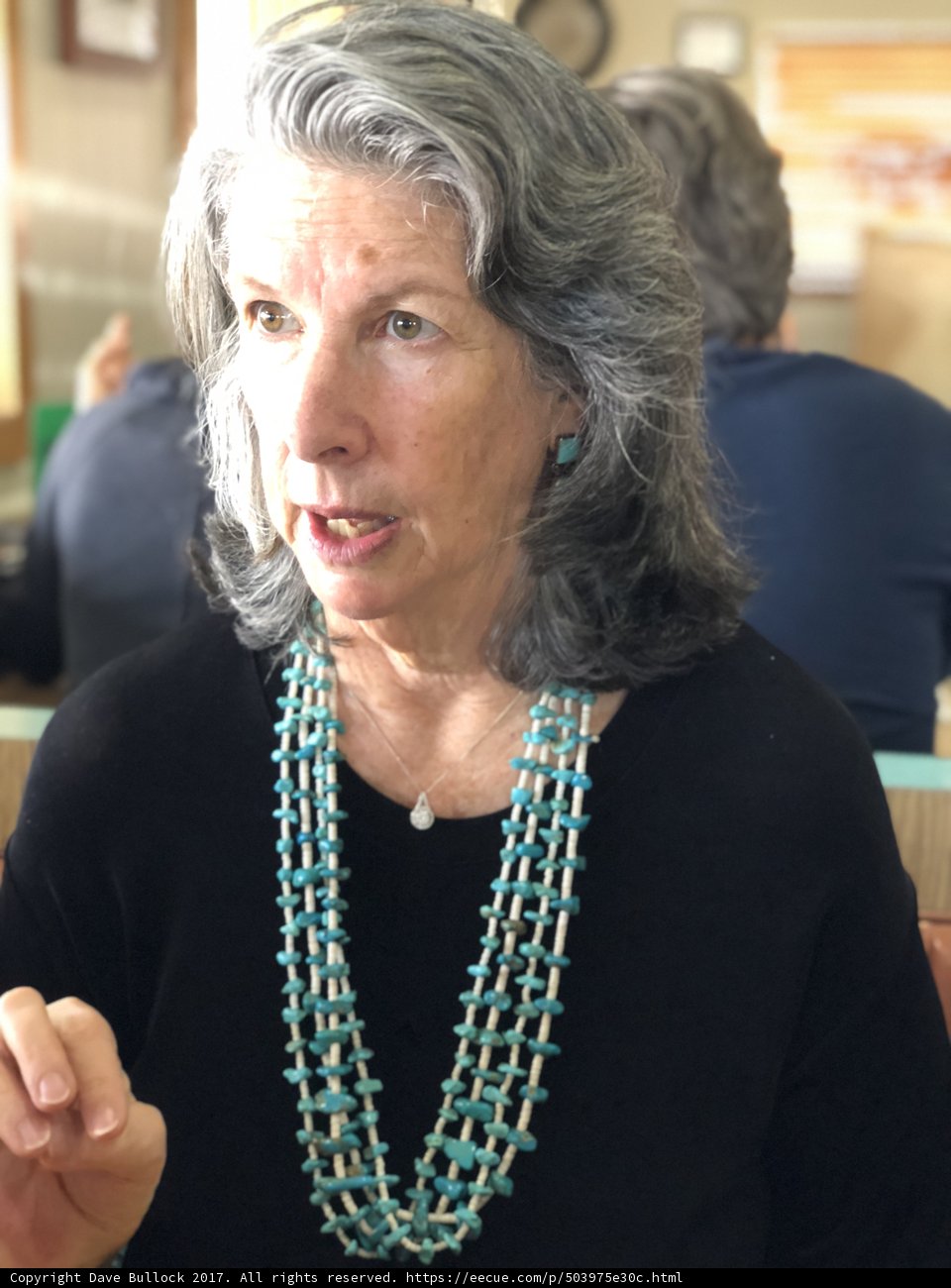 Gray-haired Woman Poses with Beaded Necklace