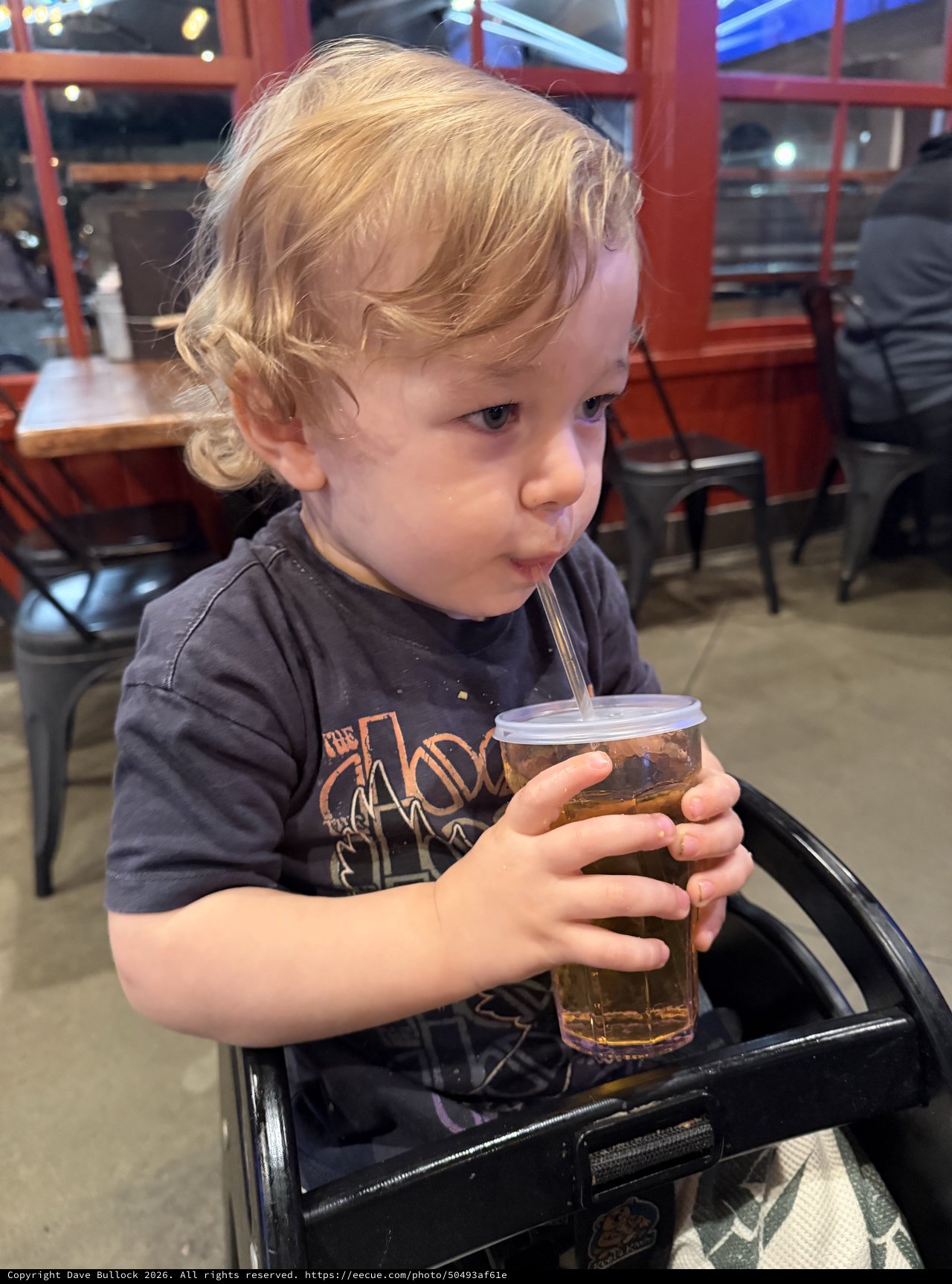 Toddler Enjoying a Drink at Local Restaurant