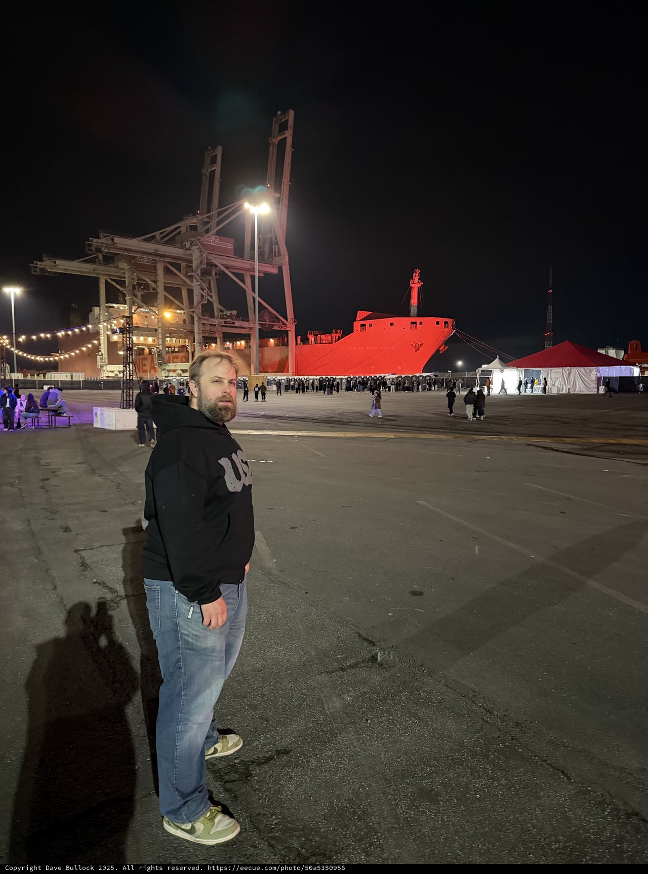 Night at the Industrial Port with Red Ship