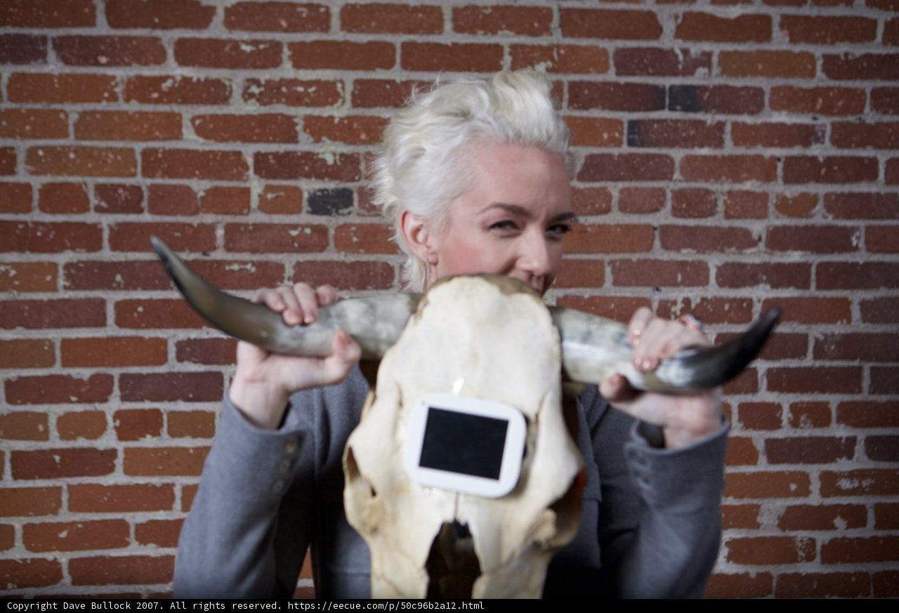 Woman poses with cow skull