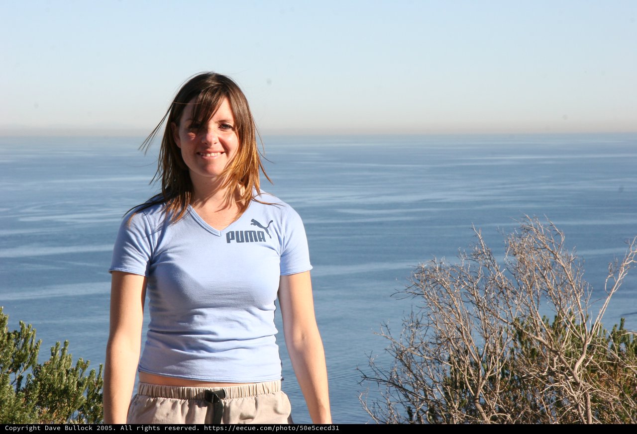 Smiling Woman at Coastal Overlook with Ocean View