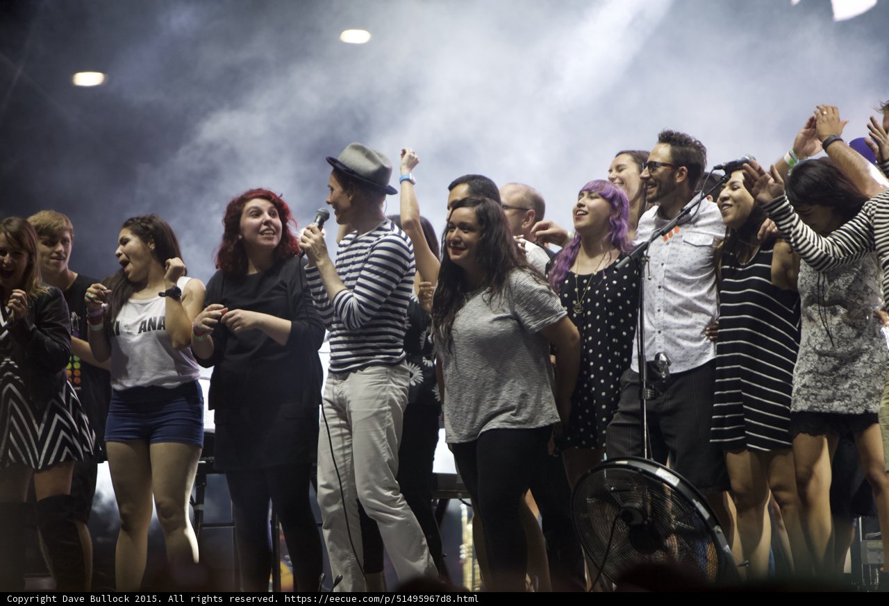 FYF Fest Stage Fans Dancing Fedora Man Singing Red Hair Laughing Purple Hair Polka Dots