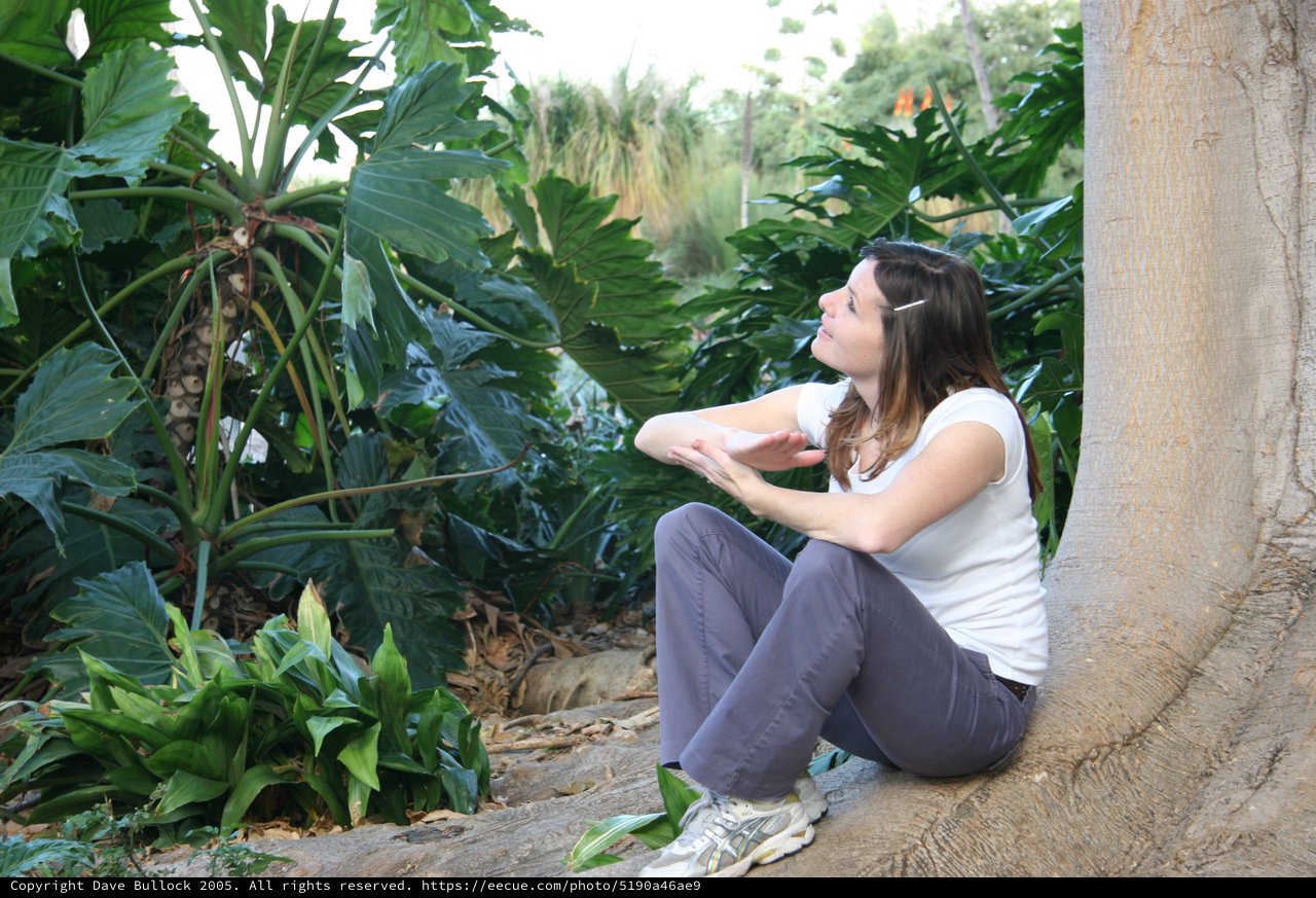 Woman Gazing Upward Amid Lush Tropical Foliage