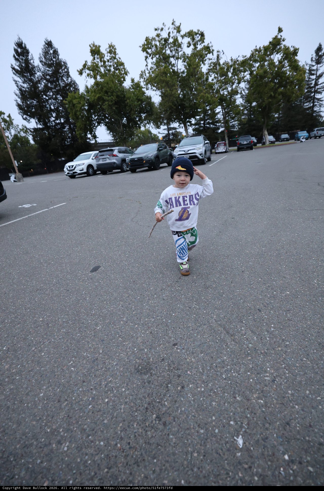 Fearless Toddler Runs Through Parking Lot with Stick