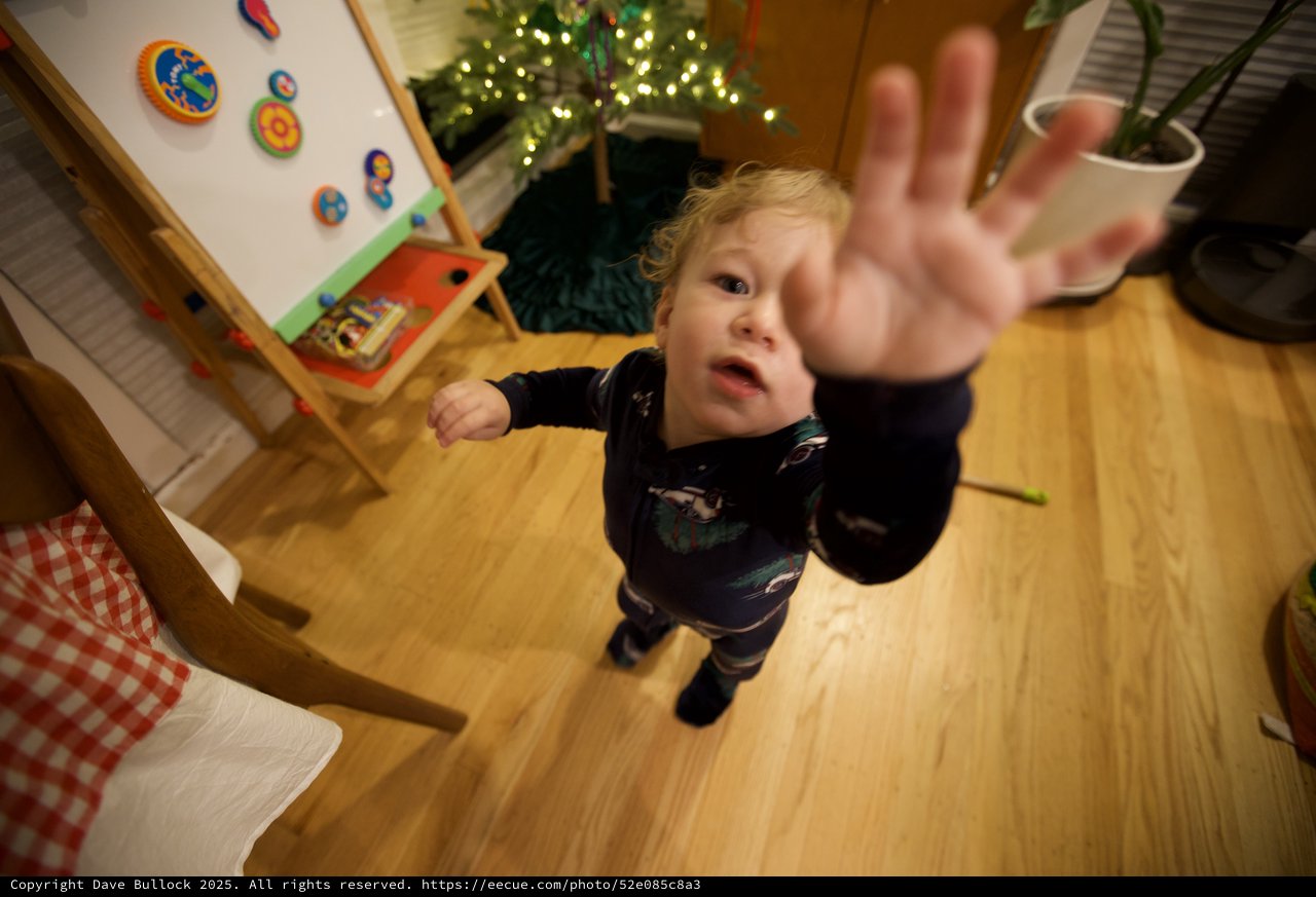Toddler Reaching Toward Camera on Christmas Morning