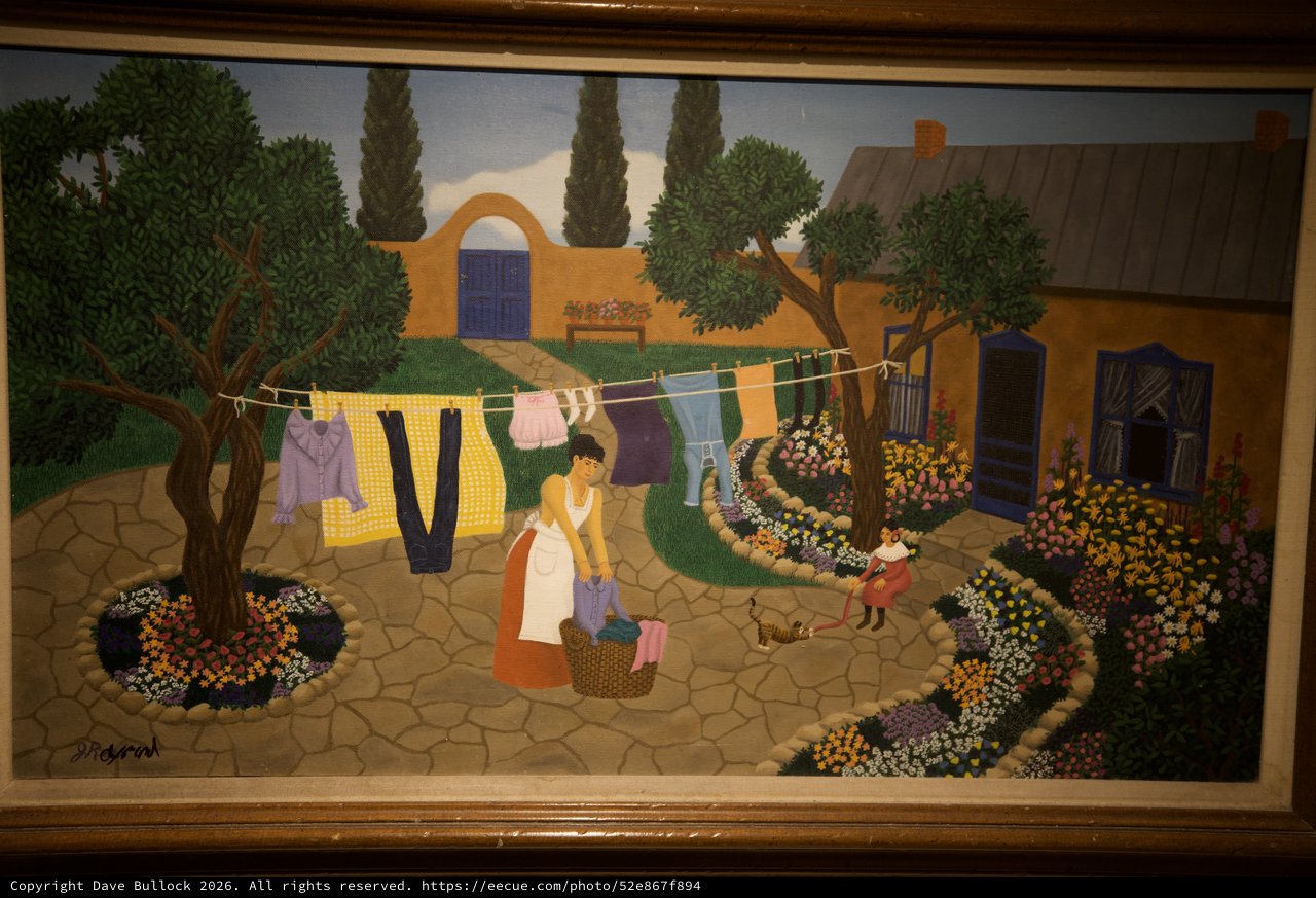 Folk Art Painting of Domestic Life and Laundry Day
