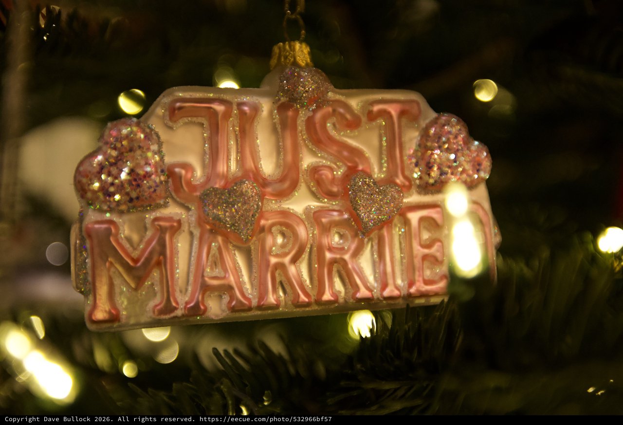 Just Married Christmas Ornament with Glittering Hearts
