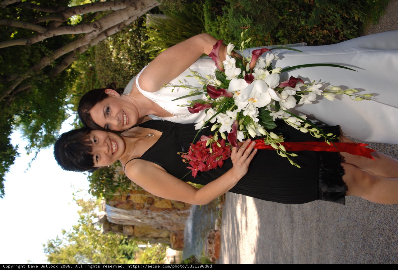 Bride and Bridesmaid Celebrate at Garden Wedding