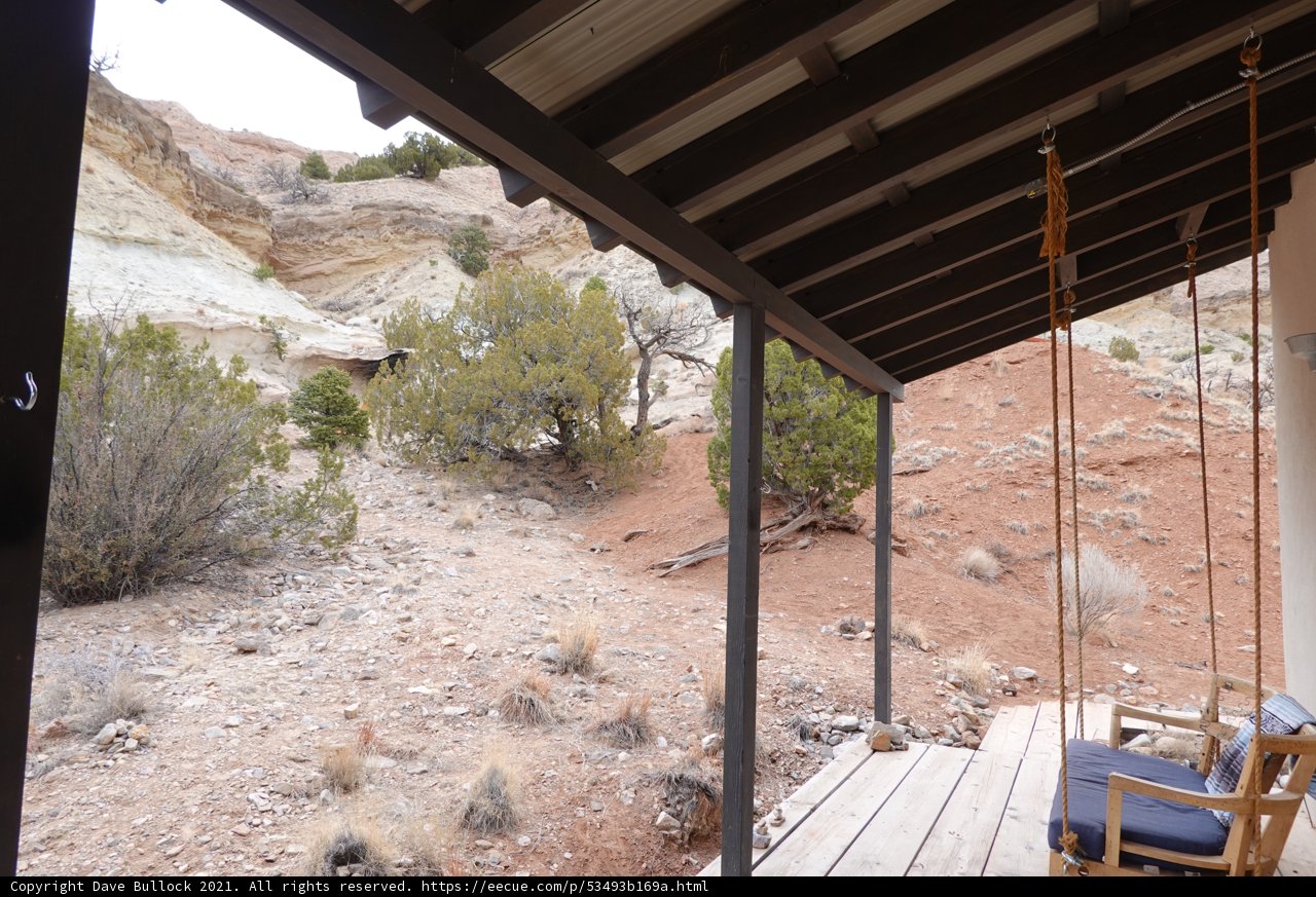 Panoramic porch view of a rocky canyon
