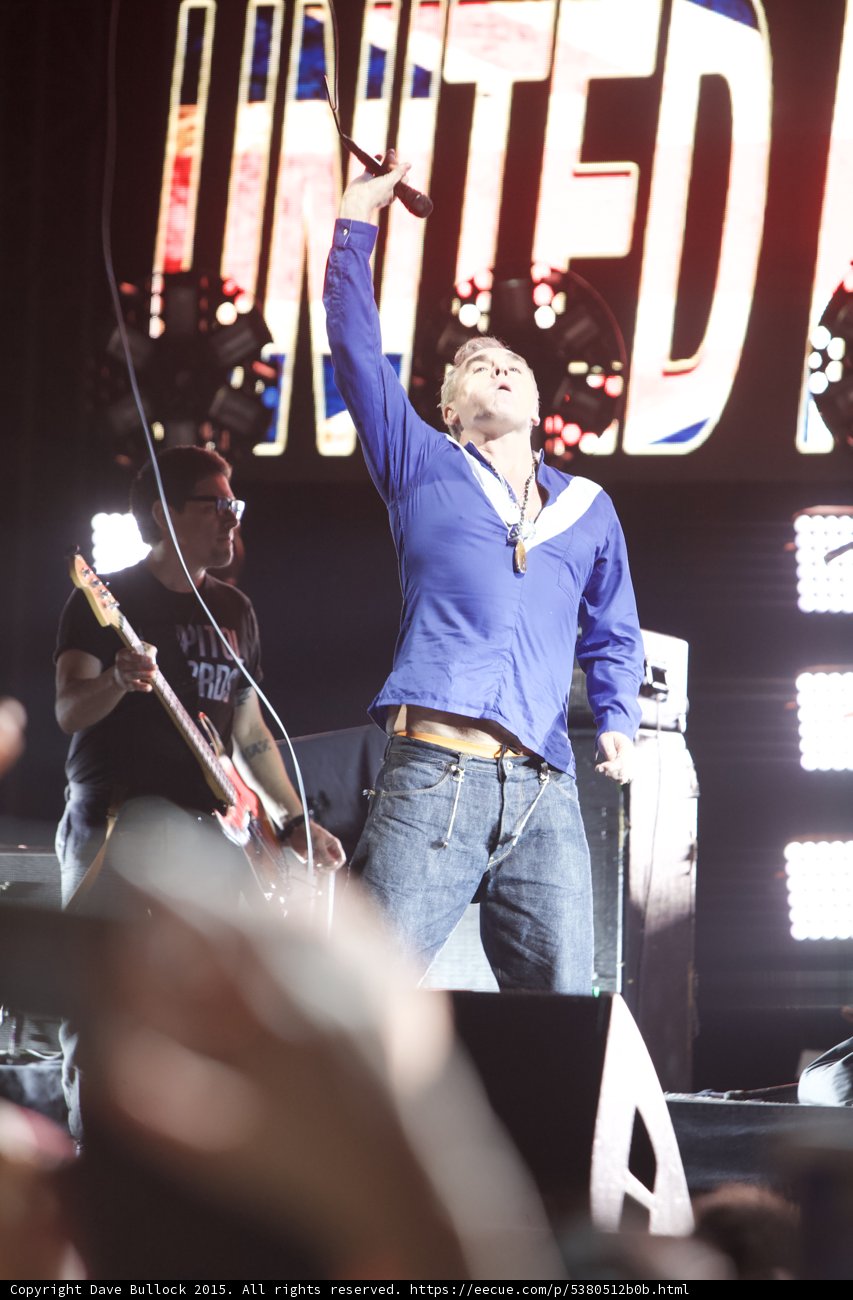 Morrissey Arm Raised Mic Overhead Looking Up Blue Shirt Bassist Glasses Capitol Tee UNITED Screen