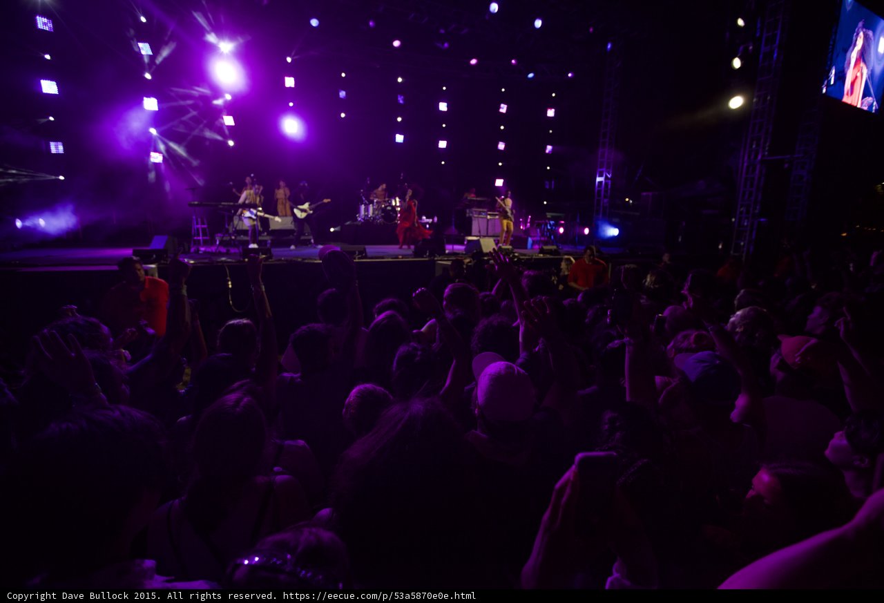 FYF Fest Wide Stage Shot Solange Full Band Video Screen Spotlights Purple Night