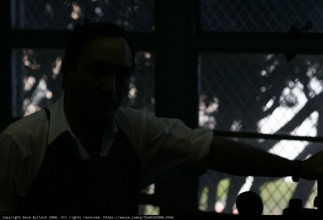 Man in White Apron Gazing Out Window