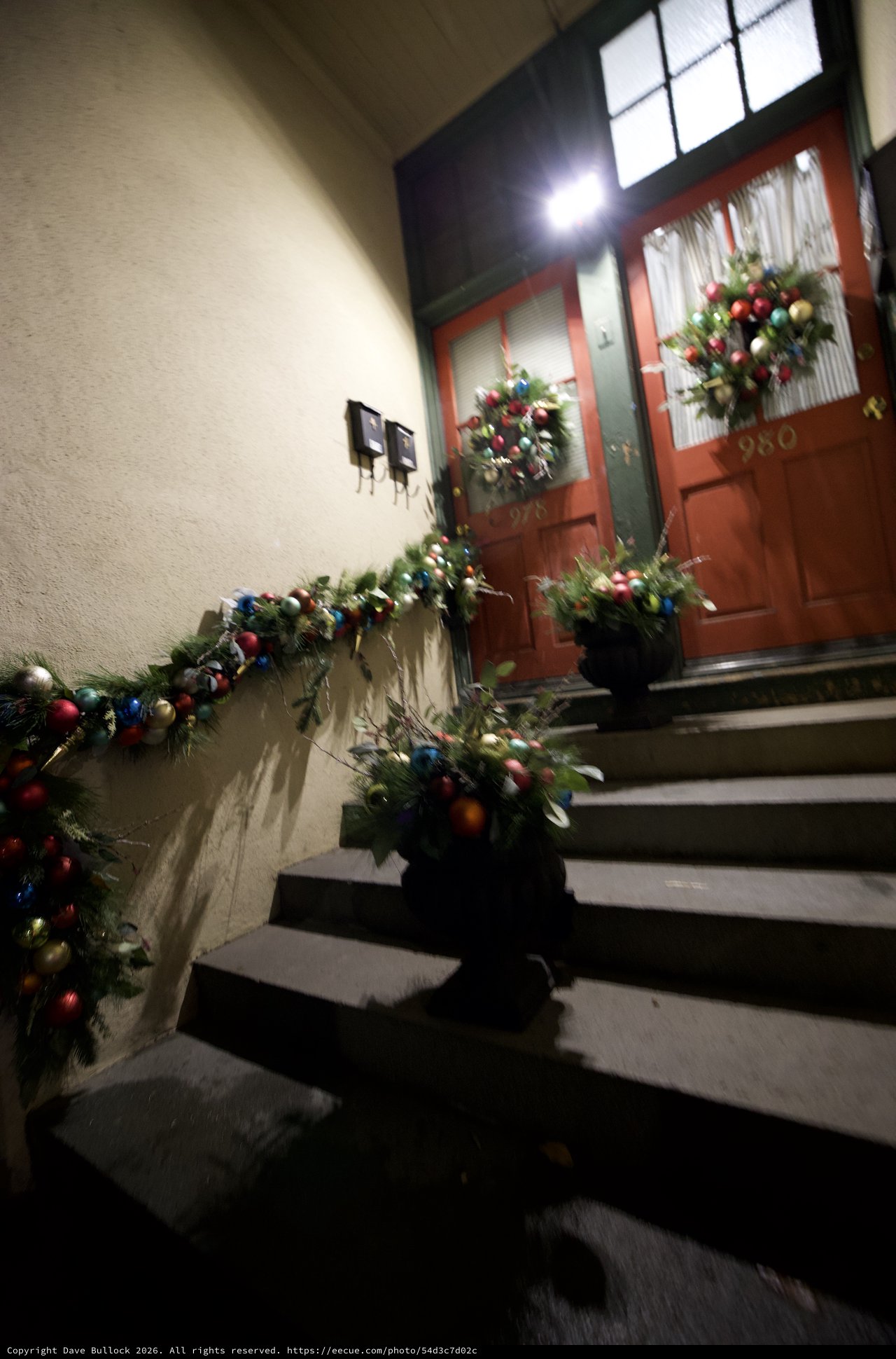 Festive Holiday Entrance with Colorful Christmas Decorations