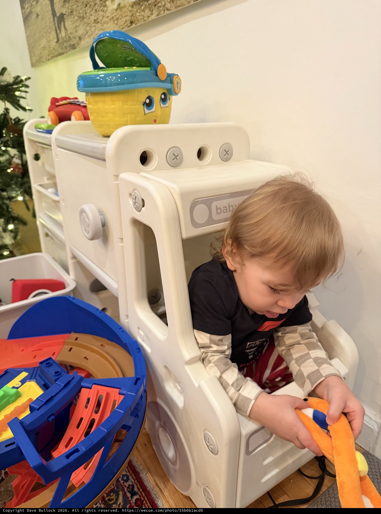 Toddler Playing with Toys in Baby Gate Enclosure