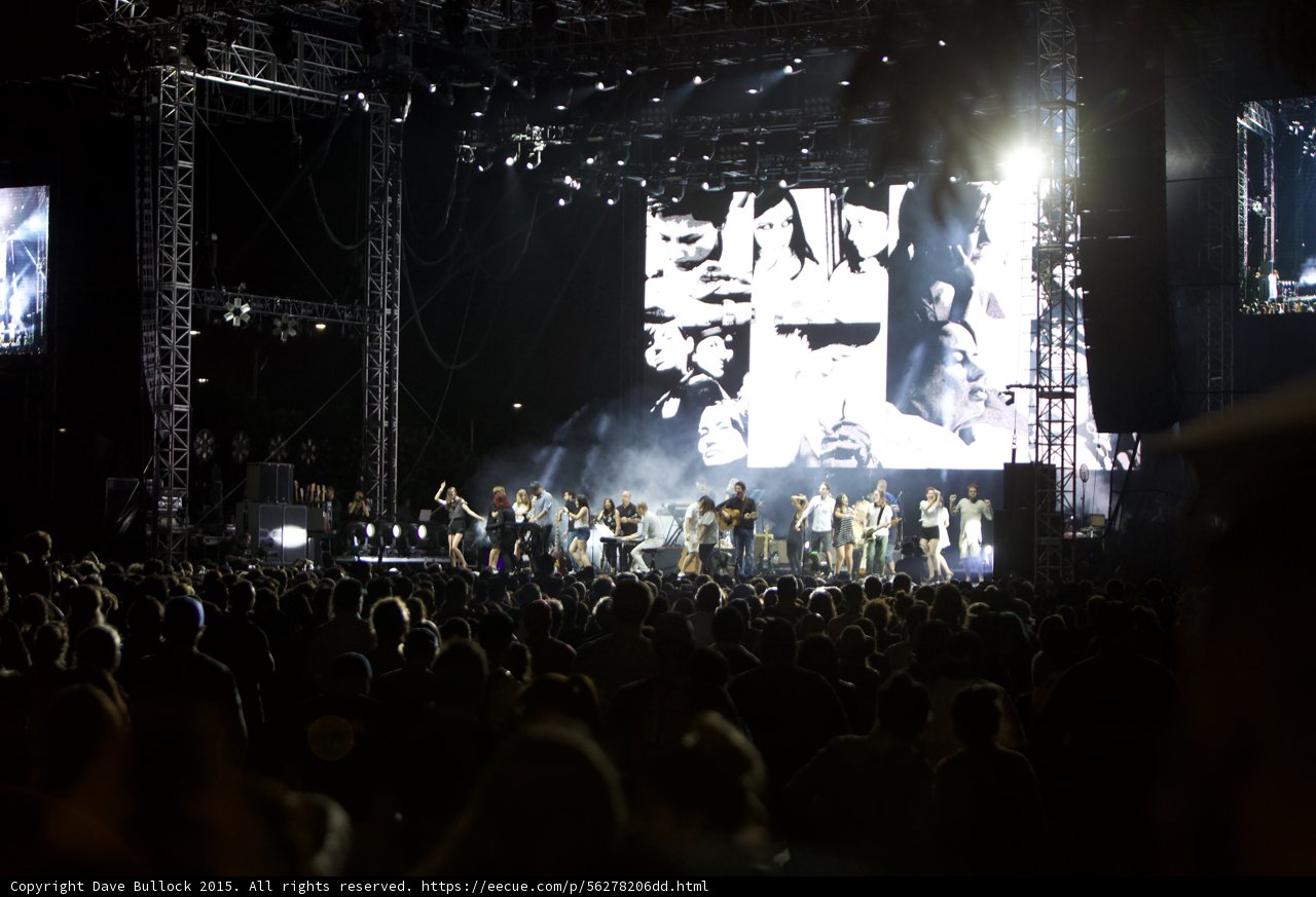 FYF Fest Wide Stage Shot Large Ensemble Video Screen Black White Portraits Crowd Night