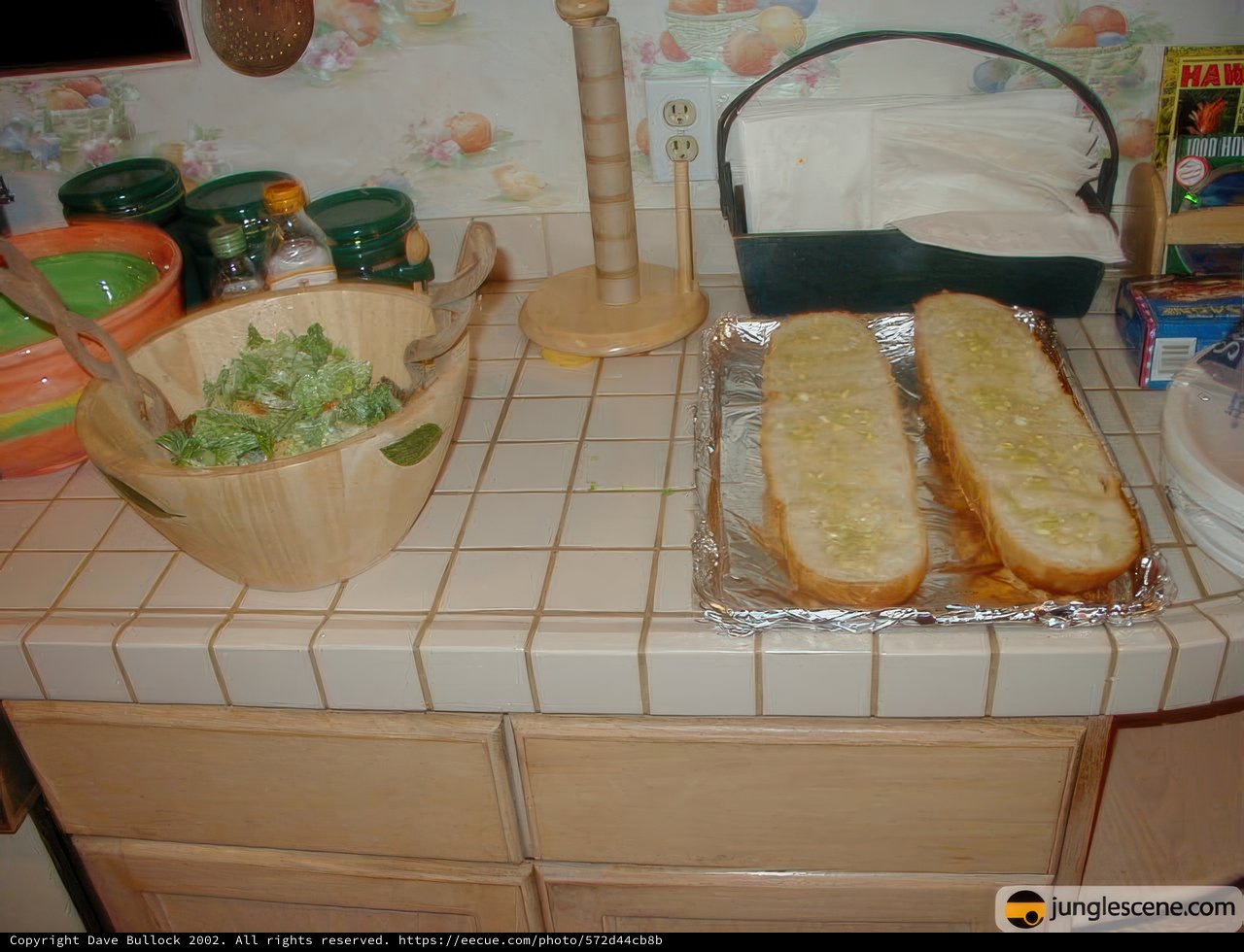 Bread and Salad on the Kitchen Counter