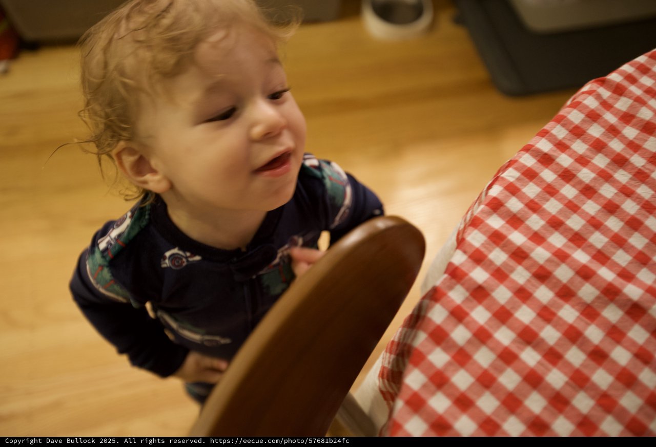 Toddler Playing with Wooden Spoon on Christmas Morning
