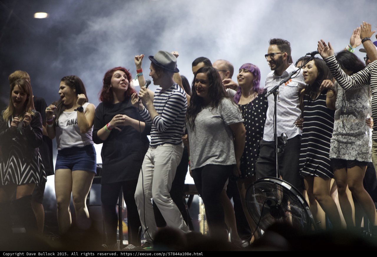 FYF Fest Stage Fans Dancing Fedora Man Red Hair Purple Hair ANA Tank Striped Dress Finale