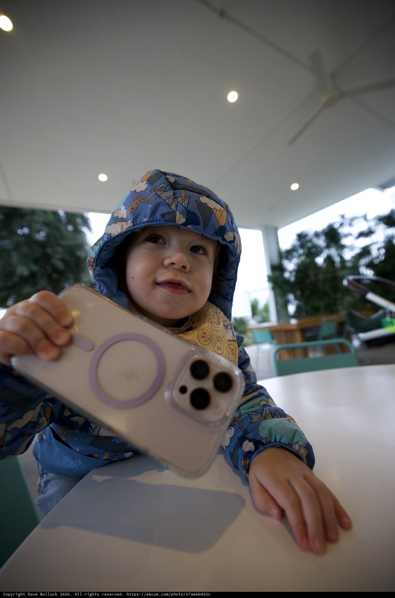Toddler with Phone at Outdoor Dining Venue