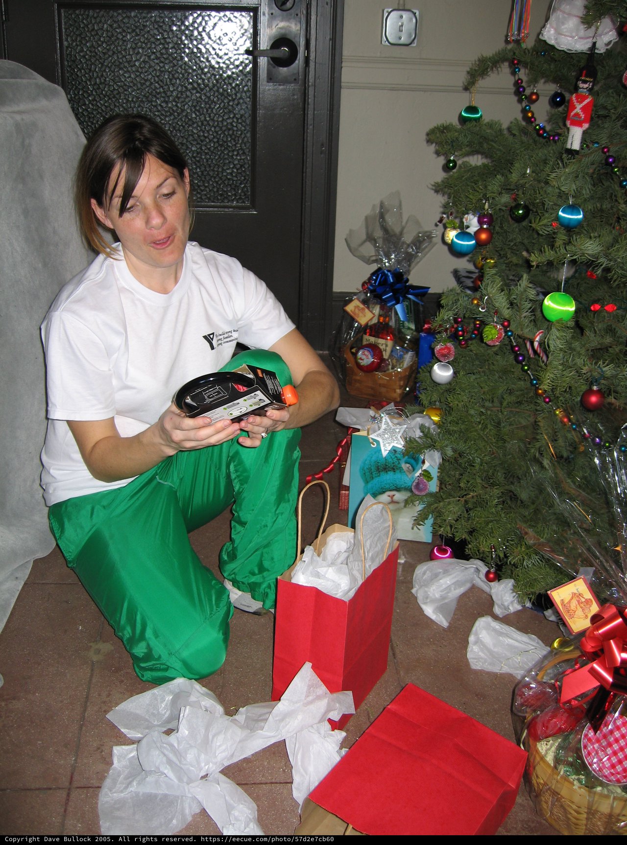 Woman Opening Christmas Gifts by Decorated Tree