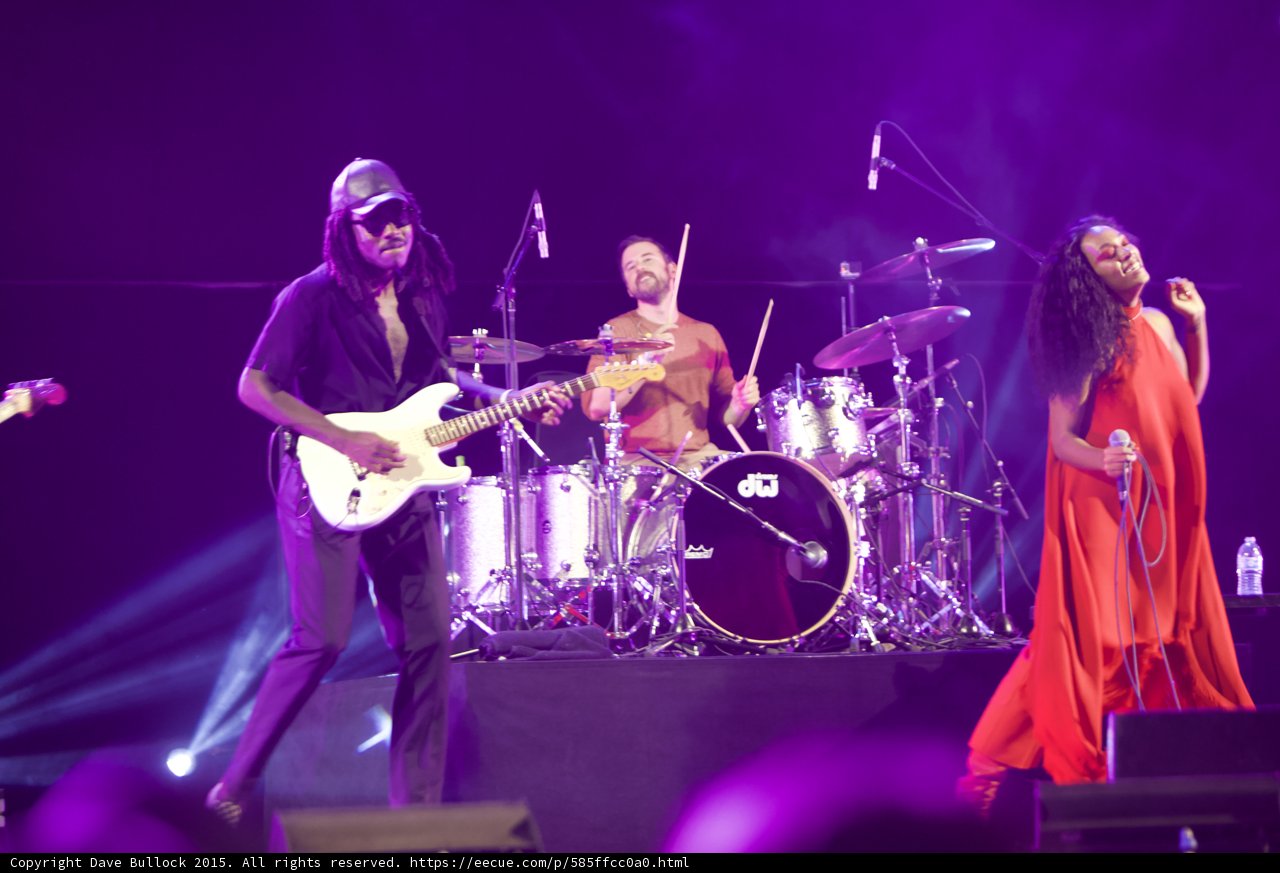 Solange Dancing Red Dress Guitarist White Stratocaster Drummer DW Kit Purple Haze