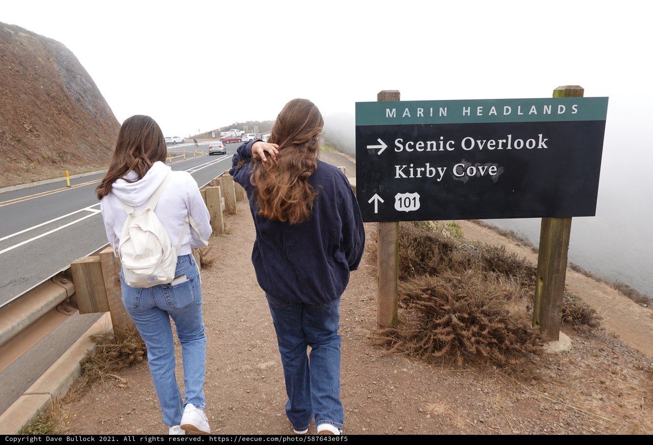 Visitors at Marin Headlands Scenic Overlook Sign