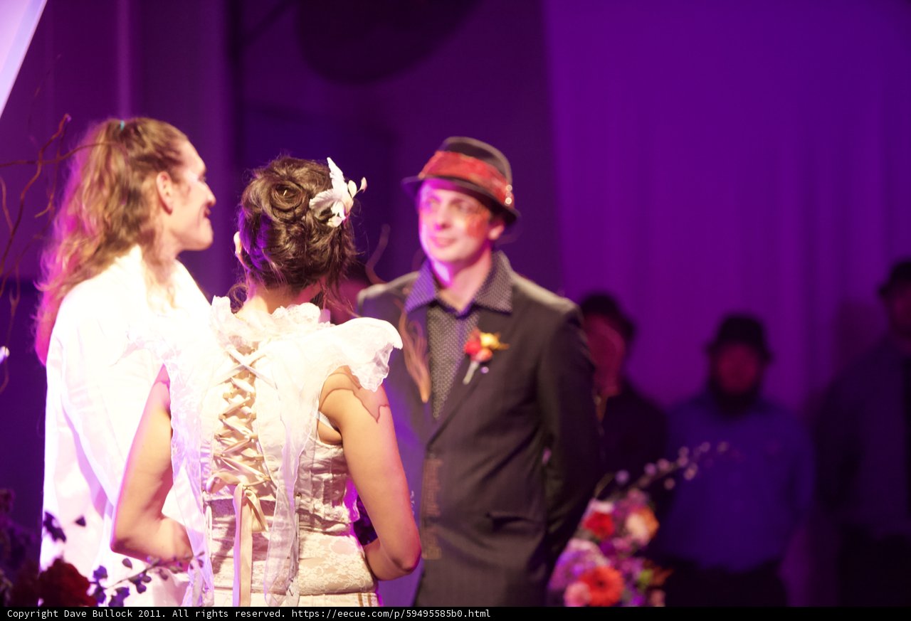 Formal attire and purple flowers unite