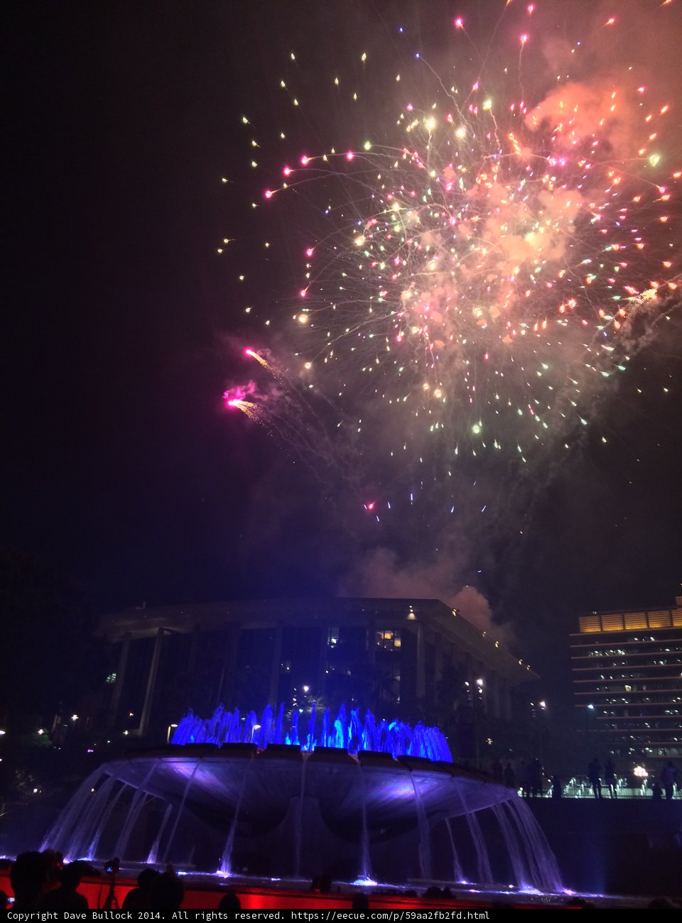 Fireworks Illuminate Summer Night over Fountain