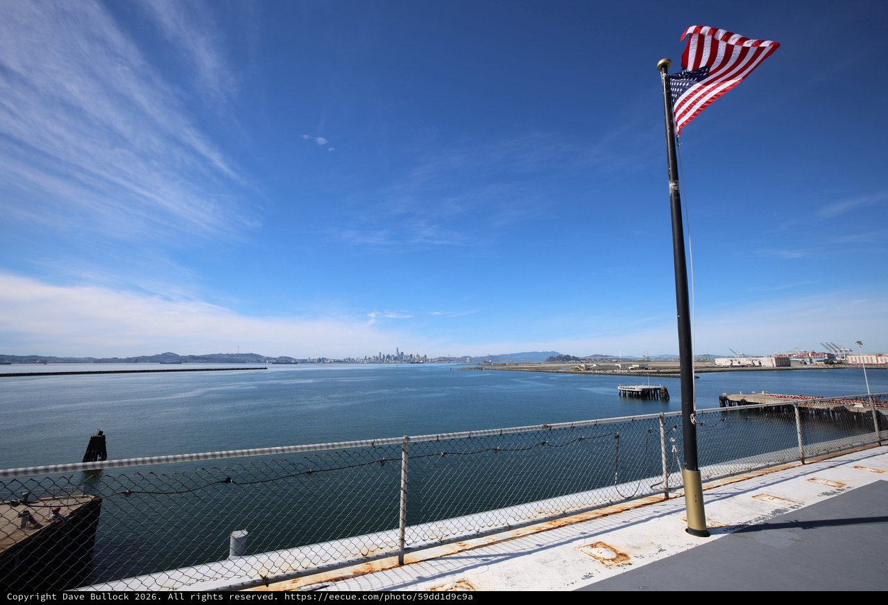 American Flag Flying Over San Francisco Bay Waters