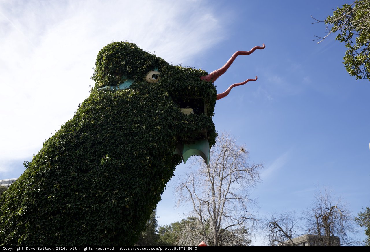 Ivy-Covered Dragon Topiary Looms Against Blue Sky