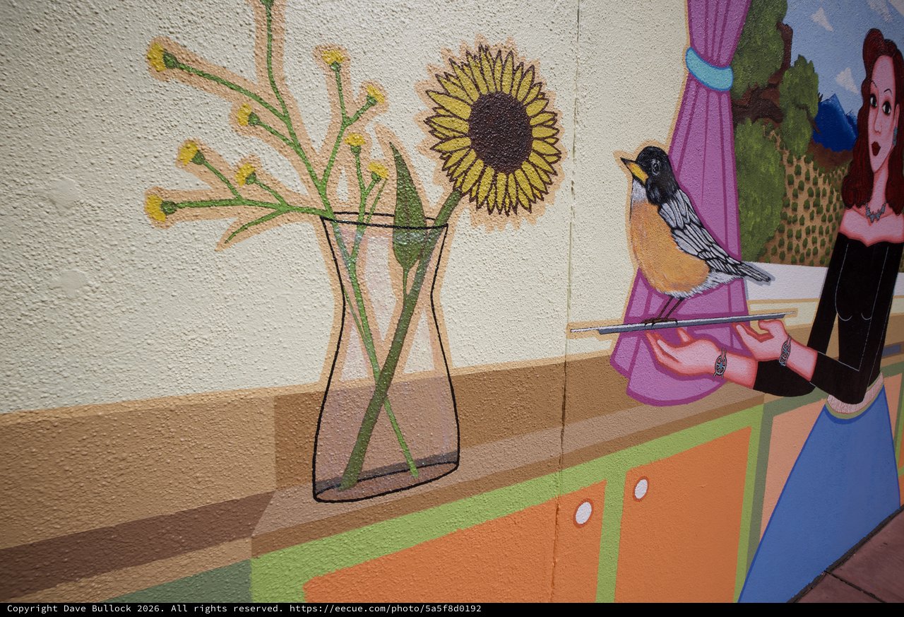 Cheerful Wall Mural with Sunflowers and Bird