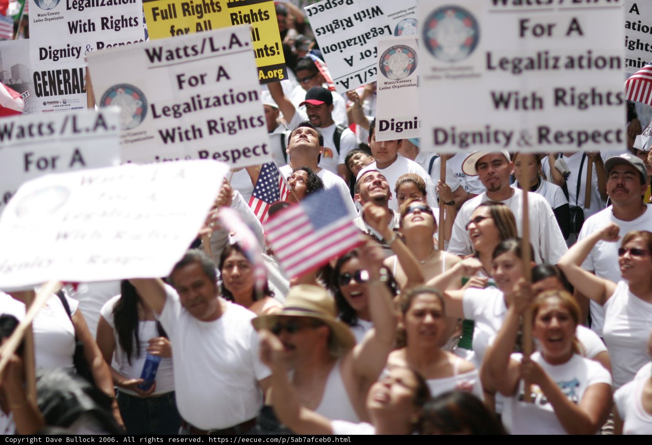 Protest Parade with Flags and Signs