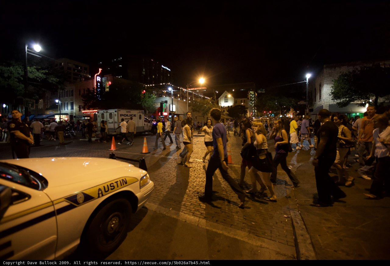 Nighttime Crowd Strolls Down Austin Street
