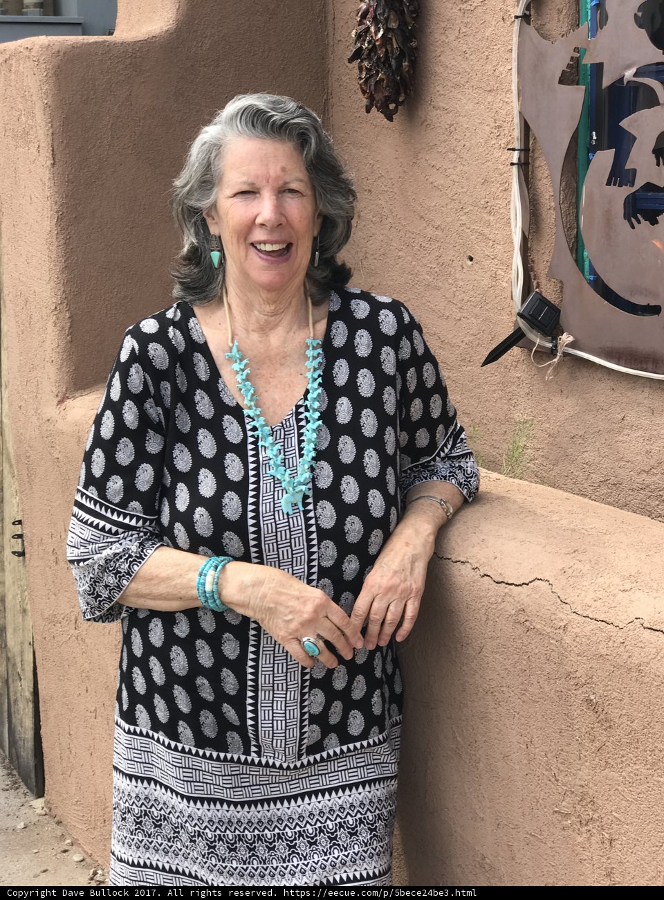Turquoise Necklace and Patterned Dress