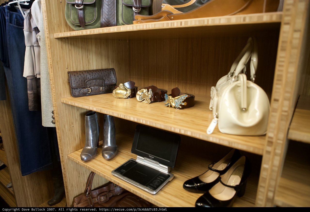 Wooden Closet with Handbags, Shoes, and Laptop