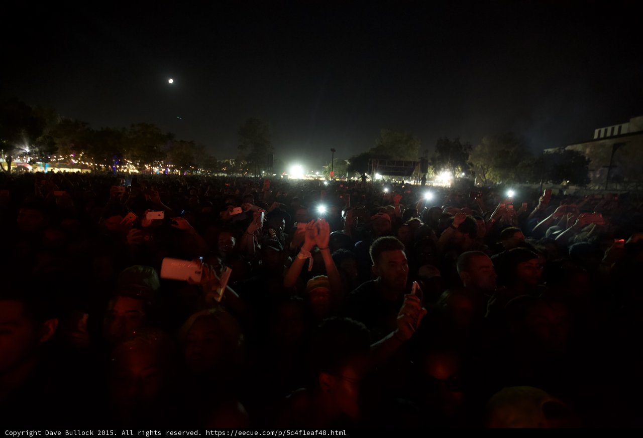 FYF Fest Crowd Red Lighting Moon Night Phones Recording Stage Scaffolding Trees Silhouette