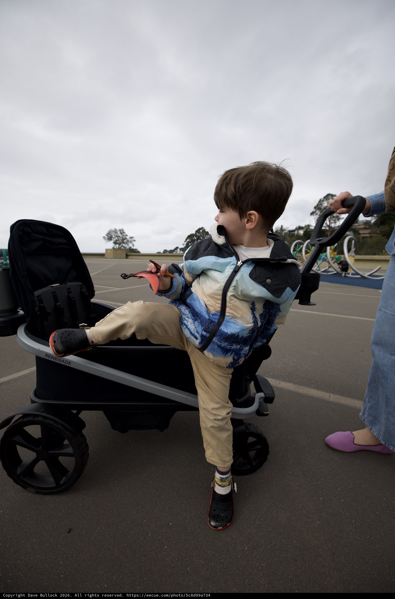 Young Boy Helping Push Stroller in Parking Lot