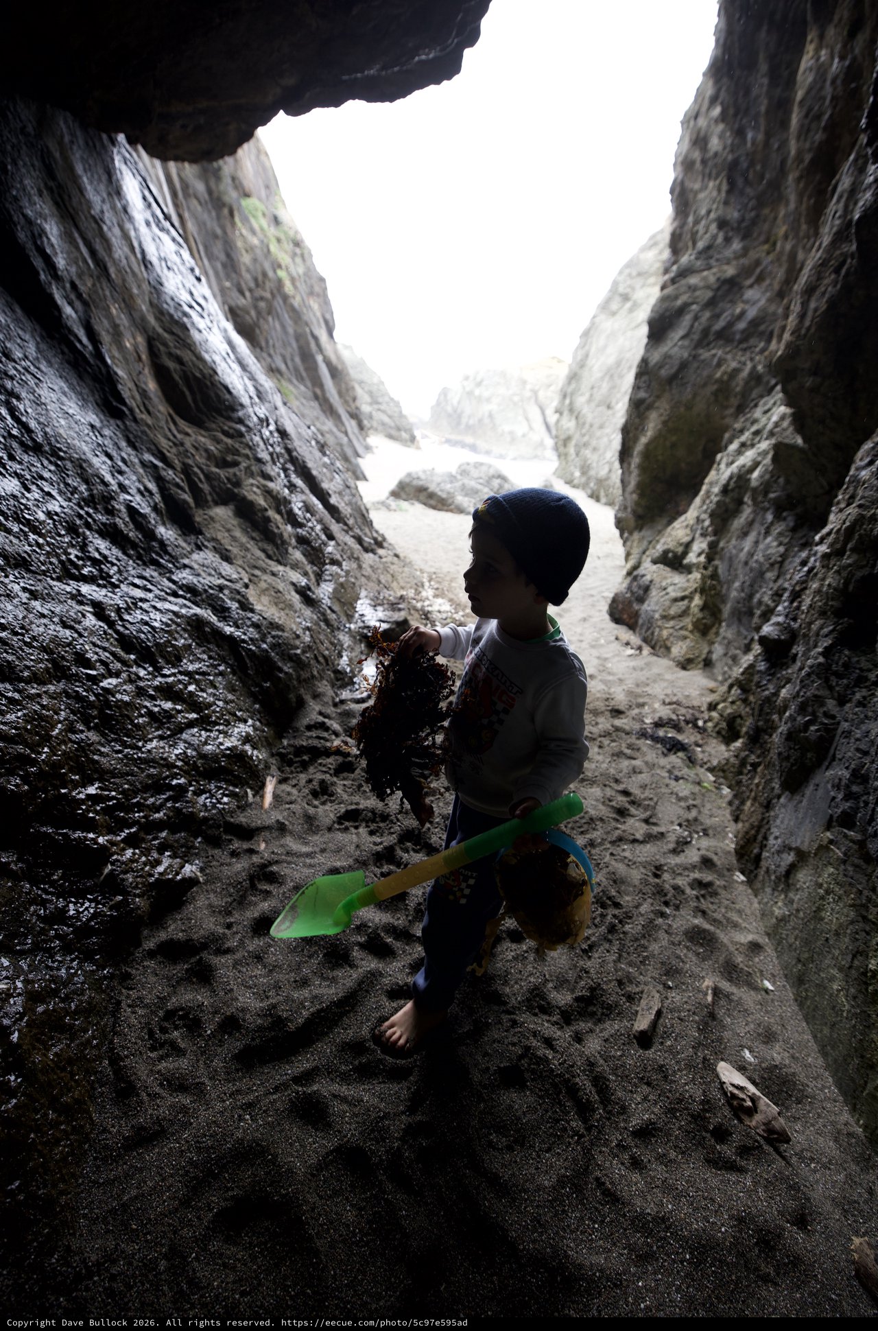 Young Explorer in Sea Cave with Seaweed Treasure