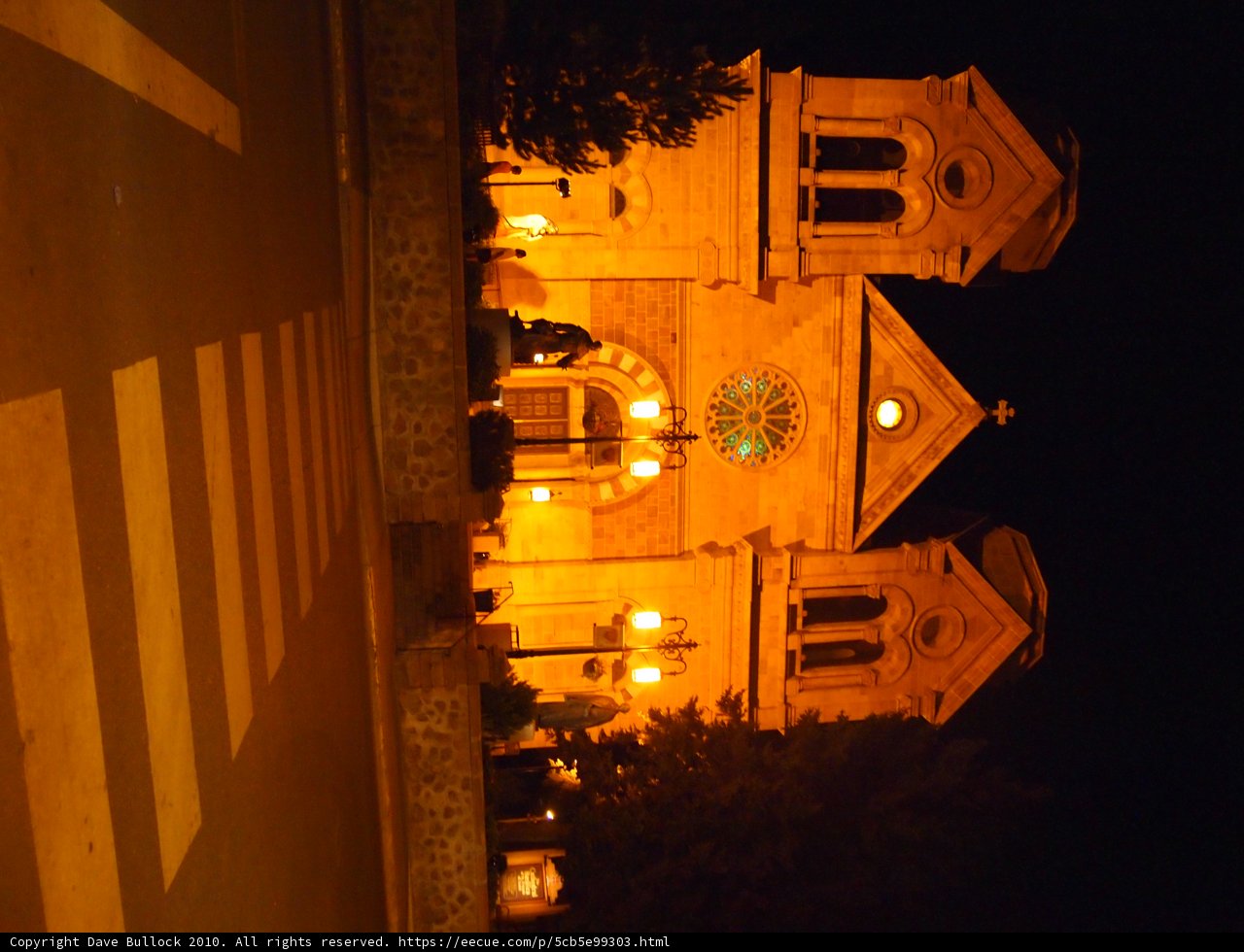 Illuminated Church Tower at Night